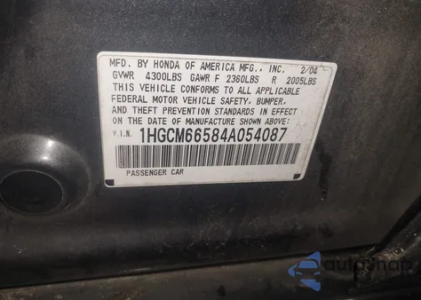 2004 Honda Accord 3.0 Ex из США, поврежденный, VIN 1HGCM66584A054087